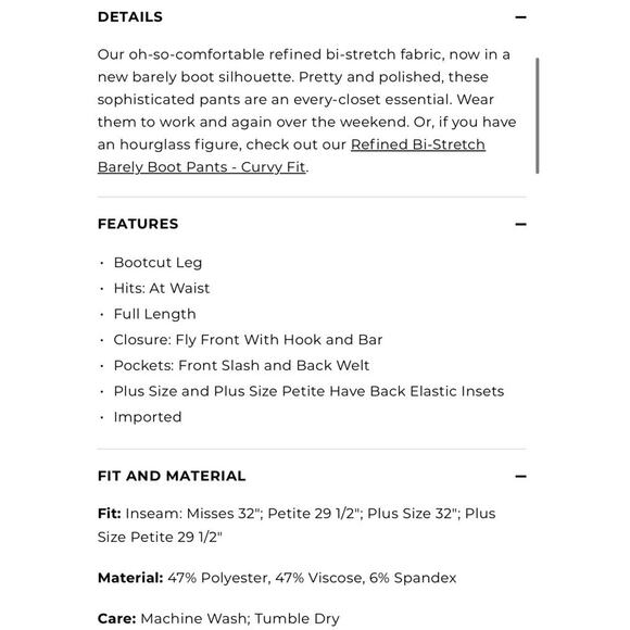 Talbots Curvy Fit Refined Bi-Stretch Barely Boot Dress Pants Black Womens 18 NWT - Picture 10 of 15